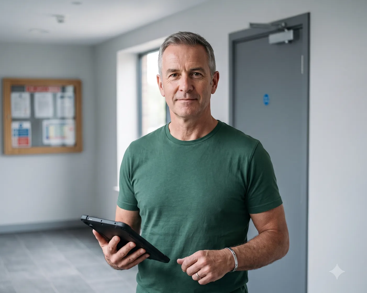 An experienced fire safety professional with a tablet in the communal lobby of a residential block of flats