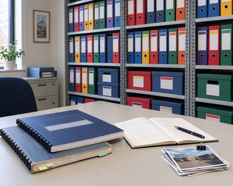 An archive room lined with colour-coded lever-arch files, with two versions of a bound fire risk assessment report, an open handwritten site notebook and a clipped stack of site photographs on the desk