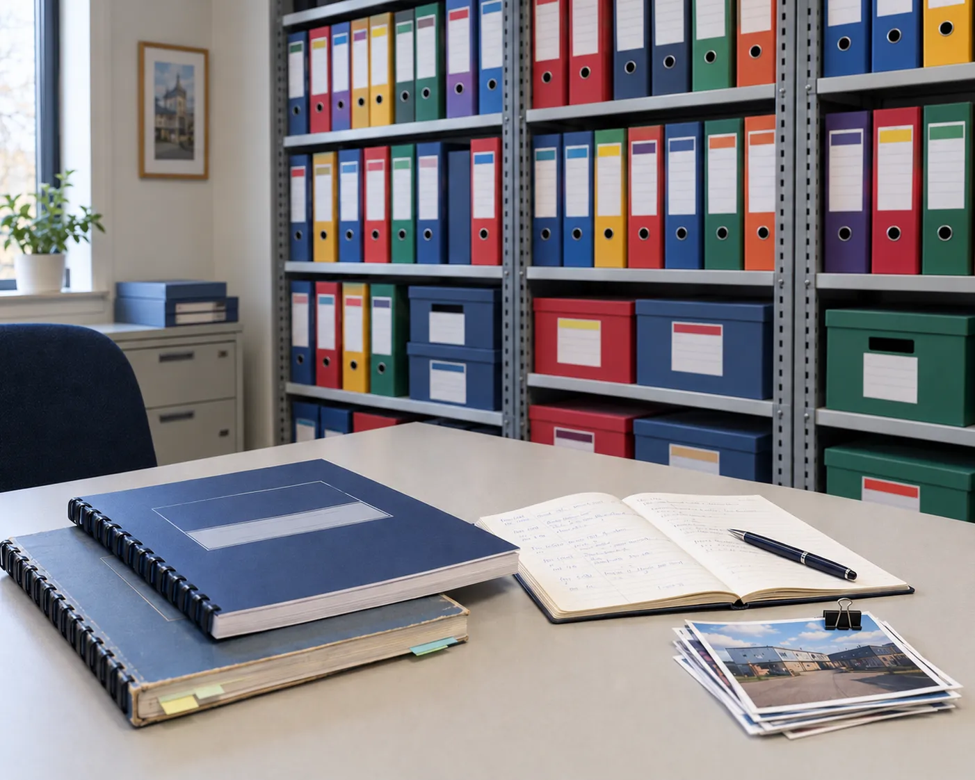 An archive room lined with colour-coded lever-arch files, with two versions of a bound fire risk assessment report, an open handwritten site notebook and a clipped stack of site photographs on the desk