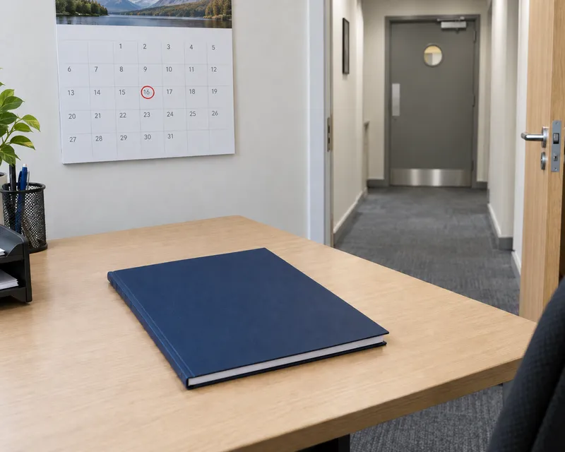A wall calendar and a bound fire risk assessment report on a desk, with a fire door and corridor visible through an open office door
