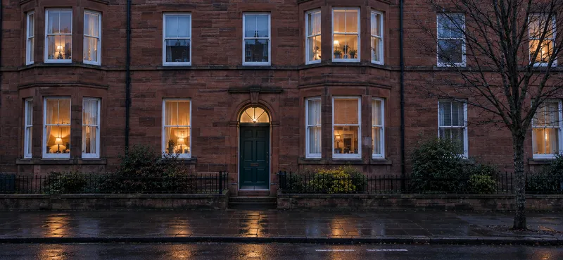 The street front of a red sandstone tenement in Scotland at dusk, with lamps lit in the bay windows, a dark green entrance door under an arched fanlight and a wet pavement in front