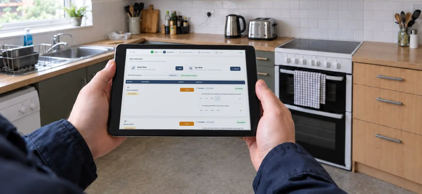A fire risk assessor holding a tablet with a fire risk assessment app open in the shared kitchen of a house in multiple occupation, with the cooker, sink and worktop in view