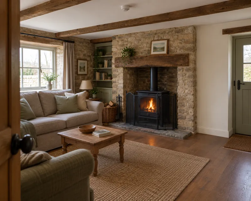 A holiday cottage living room seen from the doorway, with a log burner behind a fire guard and a smoke alarm on the beamed ceiling