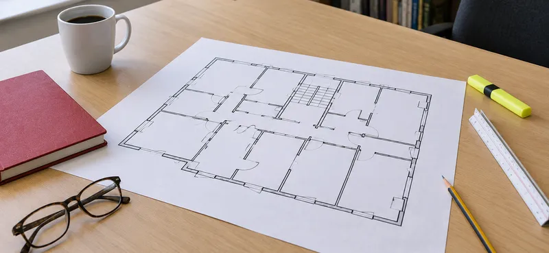 A building floor plan on an office desk, with a notebook, reading glasses, a pencil, a scale rule and a cup of coffee