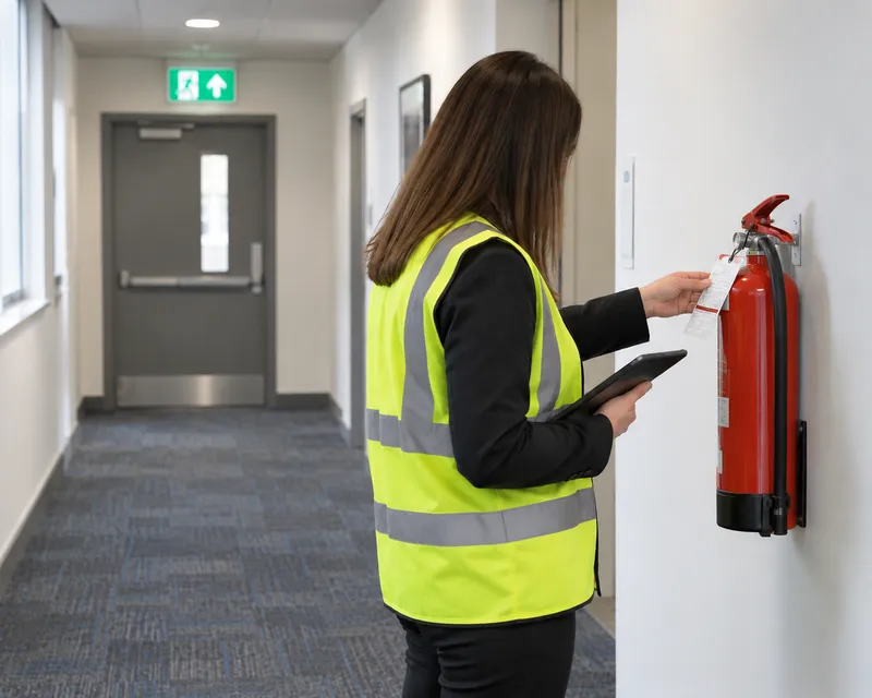 A fire risk assessor in a high-visibility vest checking a fire extinguisher and its inspection tag in an office corridor, tablet in hand